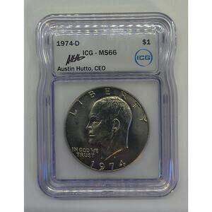 1974-D Eisenhower Dollar ICG MS66 Austin Hutto Signed Label Rare MS 66 Ike Coin